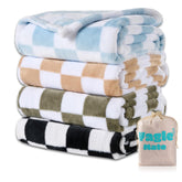Yagle Mate front view of four checkered baby blankets showing colors and pattern for nursery coordination