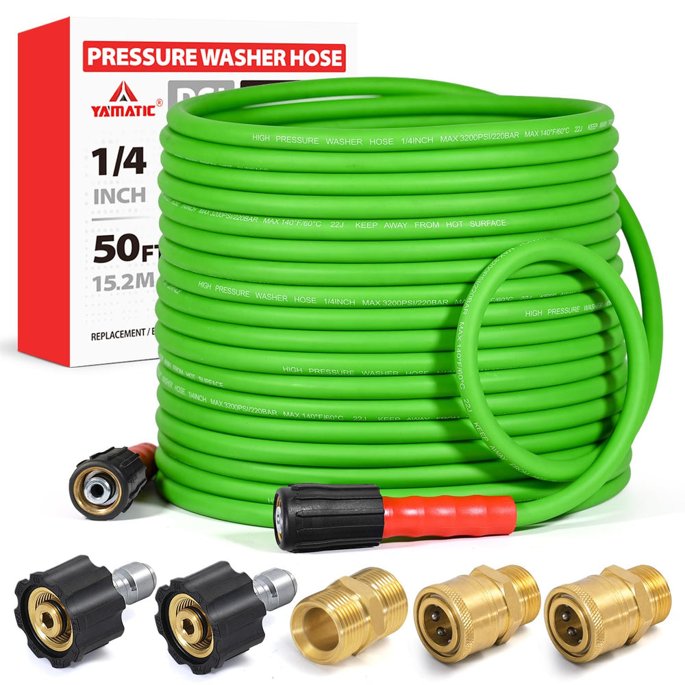 YAMATIC front packaging showing the 50ft hose and included adapters for easy setup