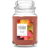 Yankee Candle front jar view showing autumn leaves scent and long-lasting burn