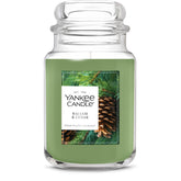 Yankee Candle Balsam & Cedar front jar view showing classic label and warm glow