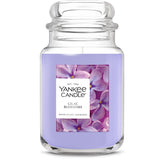 Yankee Candle lilac blossoms front view showing jar and floral benefit