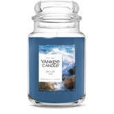 Yankee Candle Ocean Air front jar view showing ocean-blue glass and clear branding
