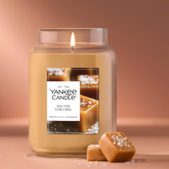 Yankee Candle Salted Caramel lid and label detail with brand and scent clarity benefit