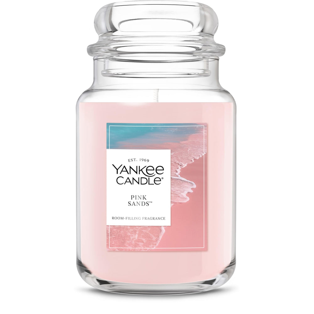 Yankee Candle Pink Sands front jar showing label and color, inviting aroma