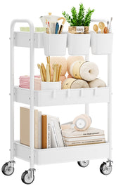 YASONIC front view of 3-tier rolling cart showing organized storage and easy mobility