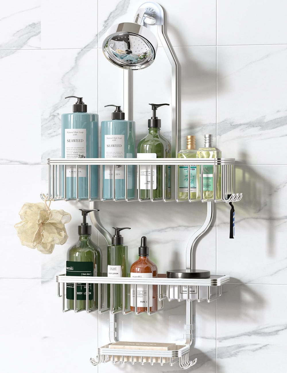 YASONIC front view of hanging shower caddy shows neat organized storage benefit