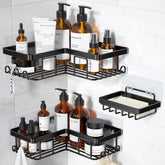 YASONIC front view of black corner caddy showing shelves and hooks for organized storage