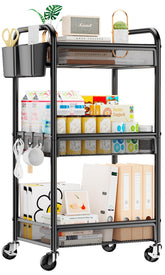 YASONIC front view of black three-tier cart showing organized storage and mobility