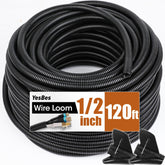 YesBes front view of 120ft black split wire loom showing full roll and label benefit