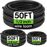 YesBes front view of three 50 ft black split loom spools showing sizes and kit benefit