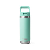 YETI Rambler front view showing seafoam finish and durable build benefit