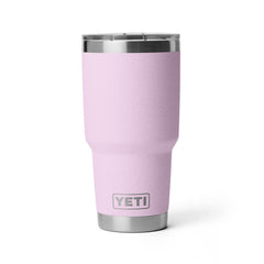 YETI Rambler front view in Cherry Blossom showing splash-resistant benefit