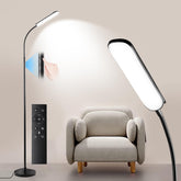 Yikuneng floor lamp front view showing sleek black design and bright light