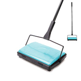 Yocada carpet sweeper front view showcasing slim blue body and brushes for efficient pickup