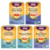 Yogi front packaging of stress relief variety sampler showing product benefits and count