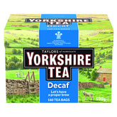 Yorkshire Tea decaf front packaging showing box and count for reliable supply