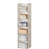YOUDENOVA front view showing six beige shelves and organized clothing benefit space-saving