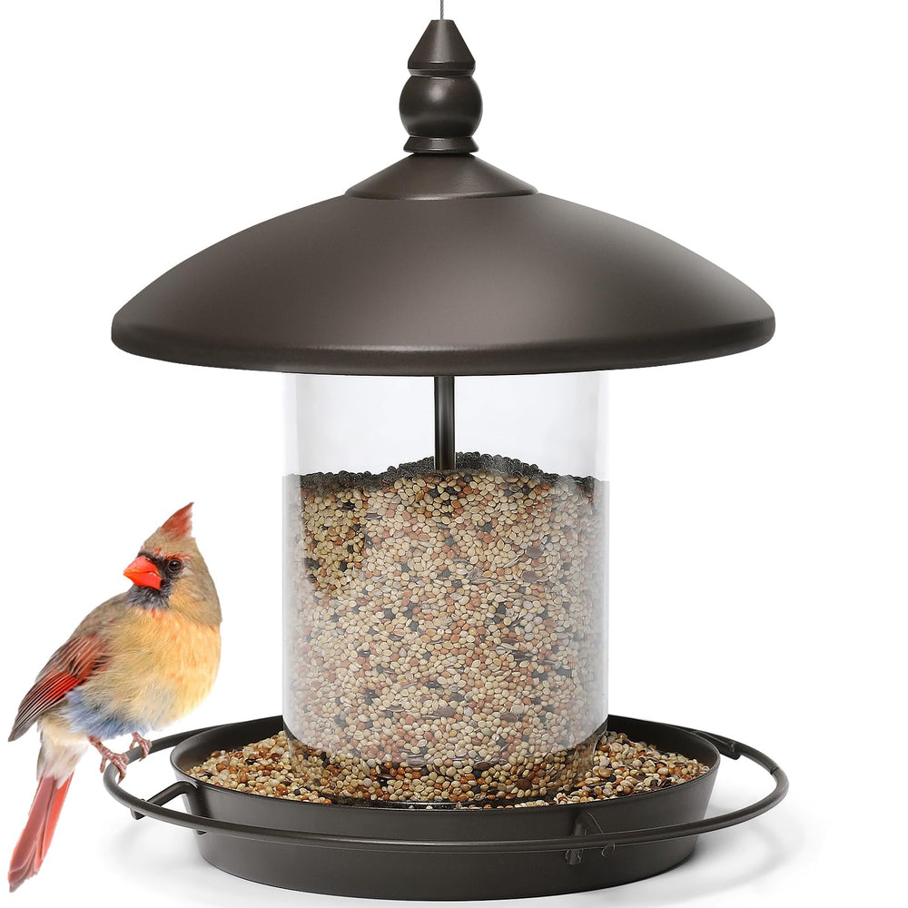 Youvip metal roof feeder front view showing bronze finish and hanging cable, durable outdoor feeding