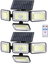 YSEAGA front view of 4-head solar flood light showing broad coverage and bright output