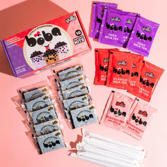 YULU FOODS milk tea powder packets detail showing flavor variety for quick mixing