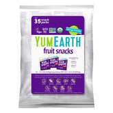 YumEarth front packaging showing 35 single-serve pouches and organic badge benefit