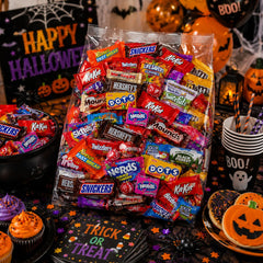Yummy Chew open bag spilling assorted wrapped candies for quick party serving