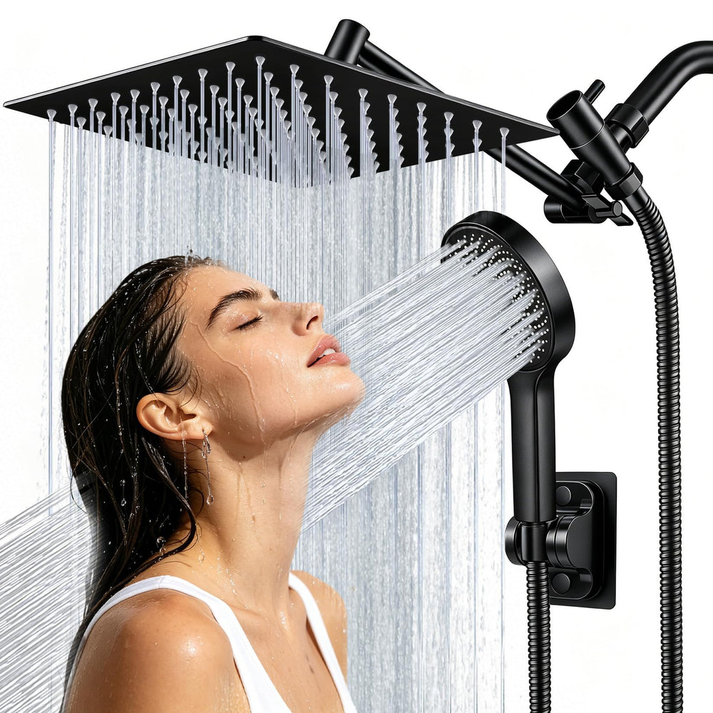 Yurnomy front view of matte black shower system showing full kit and finish benefit