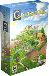 Z-Man Games Carcassonne box front showing game art and contents benefits quick setup