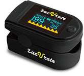 Zacurate fingertip oximeter front view showing clear OLED display and buttons for quick reading