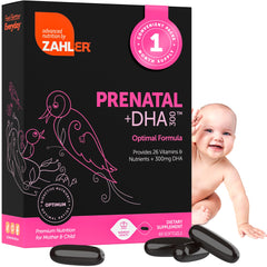 Zahler bottle front packaging showing prenatal plus dha benefits