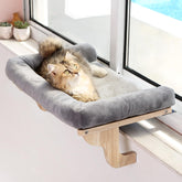 Zakkart front view of window perch showing stable wood frame and gray bed for comfort