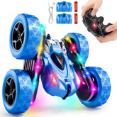 Zalneo front view showing blue stunt car and included accessories for quick play