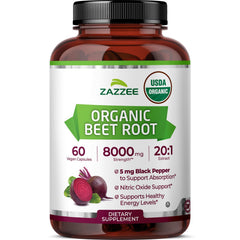 Zazzee bottle front view showing organic beet root extract and quick-release benefits