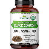 zazzee bottle front label showing organic black cohosh and benefits