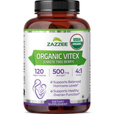 Zazzee bottle front view showing organic vitex label and clear product benefit