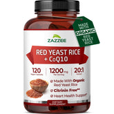 Zazzee front bottle showing organic red yeast rice and capsule count benefit
