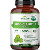Zazzee front bottle showing organic Rhodiola label and clear product benefit