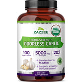 Zazzee front label bottle showing USDA Organic mark and capsule count benefit