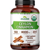 Zazzee front packaging shows organic Ceylon cinnamon benefits