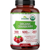 Zazzee front bottle view showing organic cranberry branding and benefits