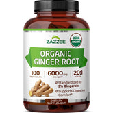 Zazzee front packaging showing organic label and 100-capsule count benefit