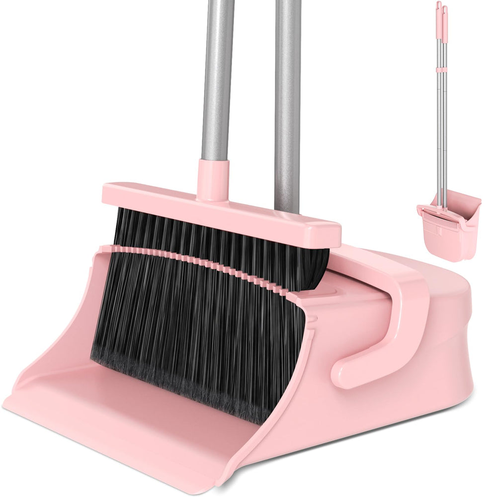 Zeawec broom and dustpan front view showing compact upright storage benefit