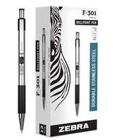Zebra Pen front view showing sleek stainless-steel barrel and professional look