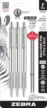 Zebra Pen F-701 front view showing stainless-steel barrel and clip, professional look