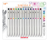 Zebra Pen SARASA R front packaging showing 14 colorful pens and modern white barrels