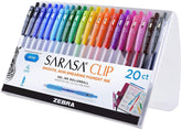 Zebra Pen SARASA Clip 20-pack front view showing colorful assortment and packaging benefit