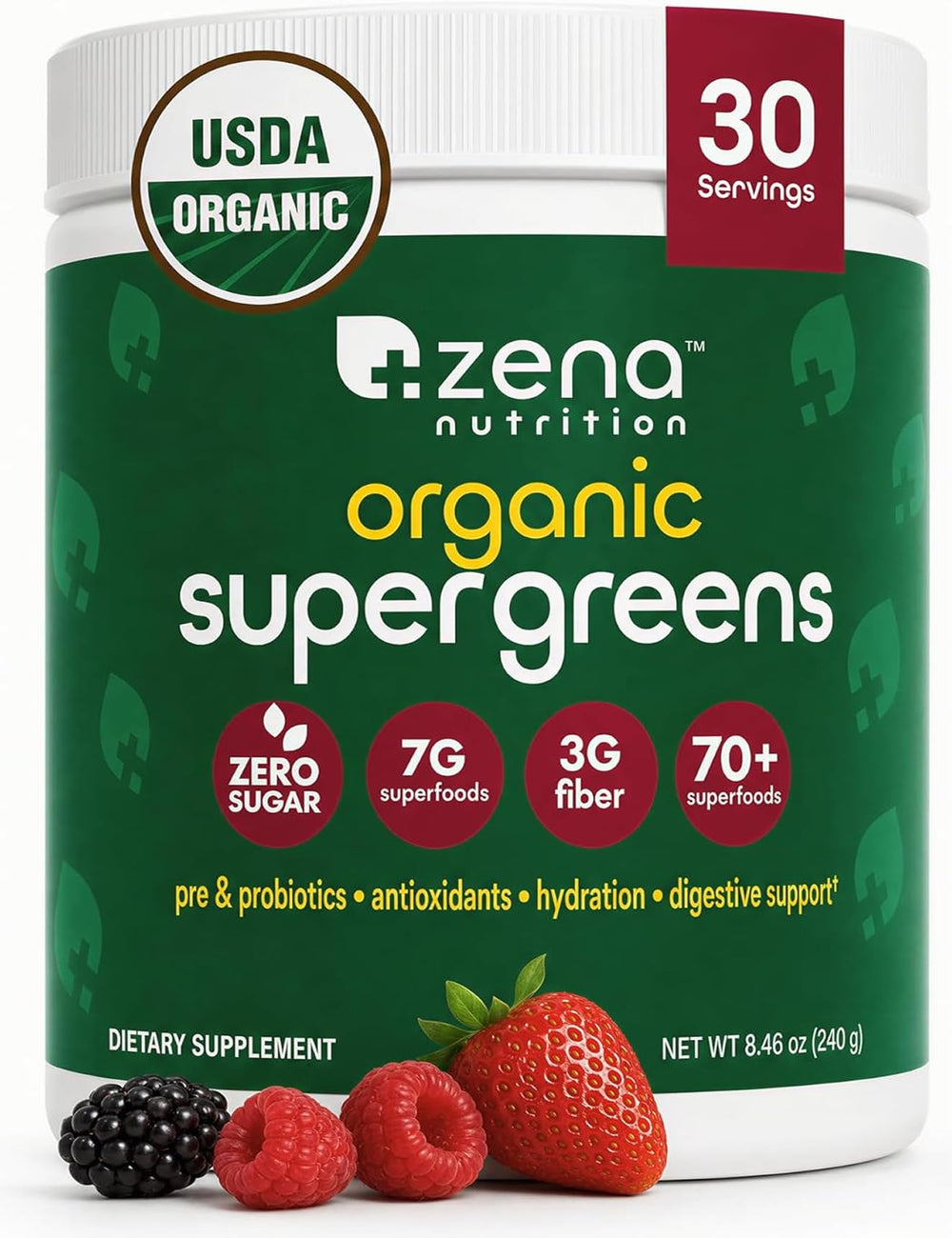 Zena Nutrition front packaging showing organic mixed-berry supergreens benefits