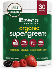 Zena Nutrition front packaging showing organic mixed-berry supergreens benefits