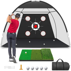 Zensouds front view of 10x7ft golf net showing full target layout and benefit of focused practice
