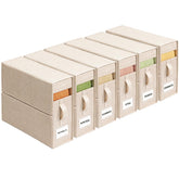 ZenStorage front view of six beige organizers showing neat stacked benefit